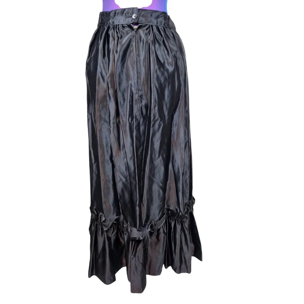 Vintage Black Satin Maxi Skirt Ruffle Hem High Waisted Formal Goth Evening
